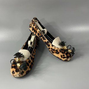 Tory Burch Brown Abbey Ballerina w/Tassel Leather Leopard Slip-on Flats, 8.5
